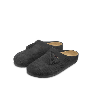 xVESSEL Suede Wheat-Braid Tassel Mule Black